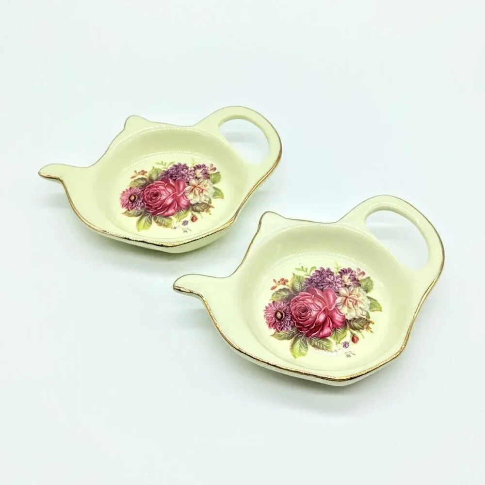 Polish Classic Rose Floral Porcelain Tea Bag Holder Spoon Rests NIB (2)